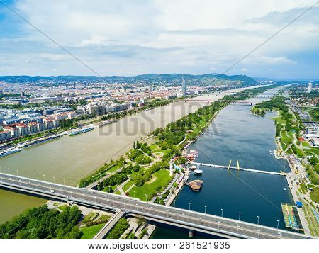 Danube City Aerial Panoramic View. Donaustadt Is The District Of Vienna, Austria. Danube City Is A M