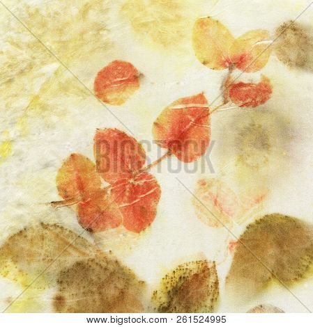 Botanical Print With Leaf Prints On Natural Silk. Hand-drawn Illustration.5