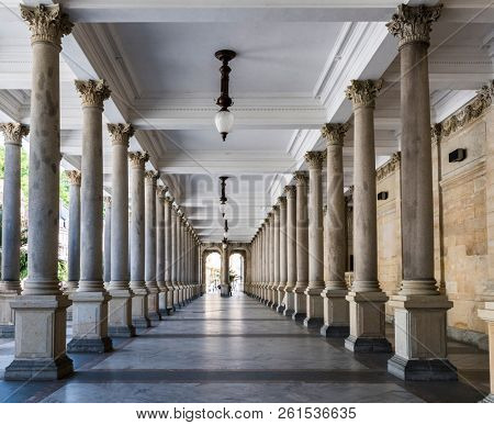 Mill colonnade (Mlynska kolonada) in Karlovy Vary spa houses various hot springs, Czech Republic
