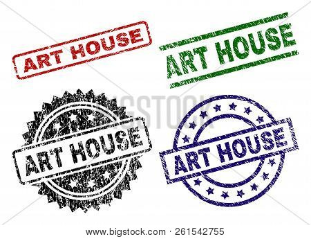 Art House Seal Prints With Corroded Style. Black, Green, Red, Blue Vector Rubber Prints Of Art House