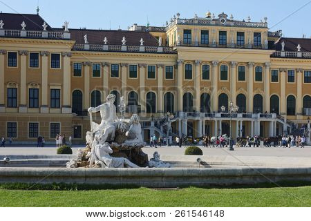 VIENNA, AUSTRIA - SEPTEMBER 18, 2018: Tourists at  Schonbrunn palace, a former imperial summer residence. Schonbrunn palace,and gardens is listed as UNESCO World Heritage site