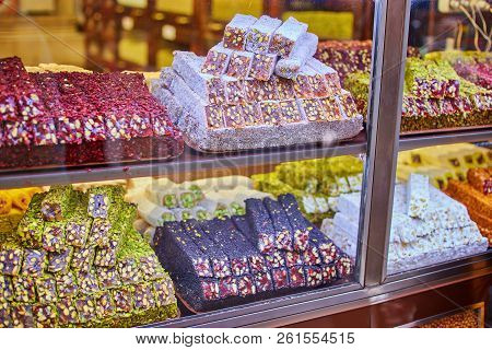 Turkish Traditional Sweets, Rahat Lukum In Counter In The Grand Bazar Market, Istanbul