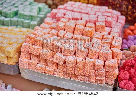 Turkish Traditional Sweets, Rahat Lukum In Counter In The Grand Bazar Market, Istanbul