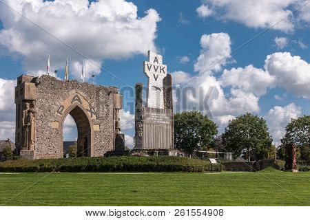 Diksmuide, Flanders, Belgium - September 15, 2018: Pax Gate And Crypt Ruin At Ijzertoren Plain. Gray
