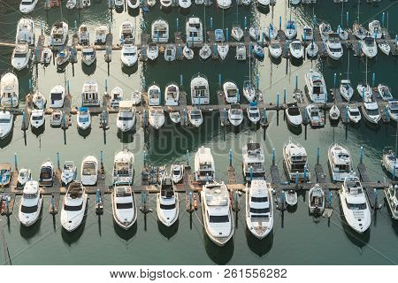Yatch Harbor Marina Pier And Boat Dock Yatchs And Vessels Awaiting The Open Sea. Aerial Drone View L