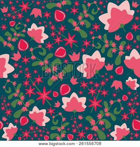Seamless Colorful Floral Pattern On Black Background. Vector Illustranion.