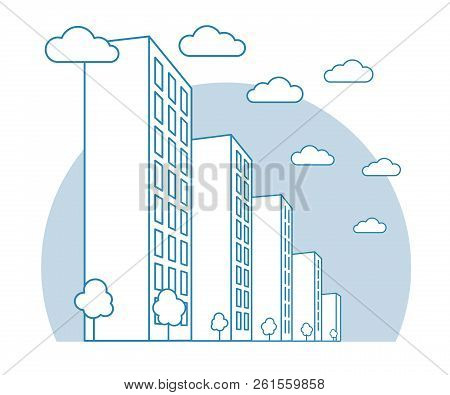 City View With High Buildings, Clouds, Trees, Landscape With Street Blocks, Modern Residential And T