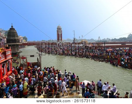 Haridwar, Uttarakhand / India - 24th May 2018 : Religious Hindu People Bathing At Famous Har Ki Paur