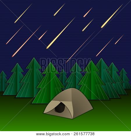Vector Meteor Rain, Tent And Fir Trees, Shining Meteors On The Sky, Background Template.