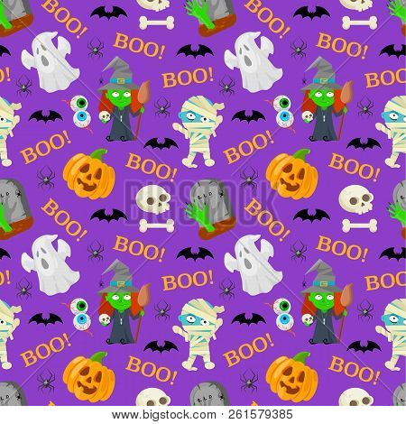 Seamless Patttern Of Cartoon Charachters For Halloween On Violet Background.