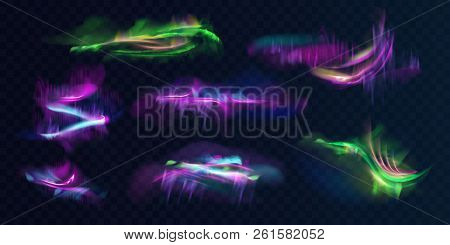 Set Of Shining, Glowing Polar Or Northern Lights In Atmosphere Realistic Vector On Transparent Backg