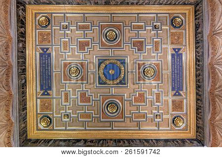 Rome, Italy - March 24, 2018:  Detail Of The Ceiling In The Corsini Palace Art Gallery In Rome, Ital