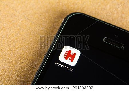 Moscow, Russia- 24 July 2018: Hotels.com Application Icon On Smartphone Screen. Smartphone Lies On S