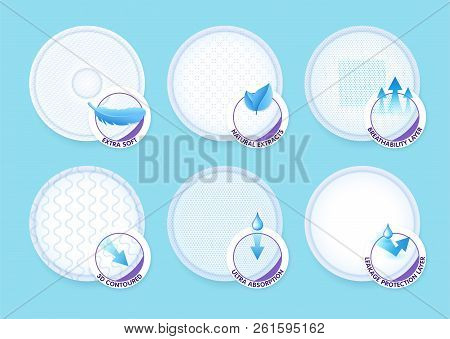 Concept Layers With Different Texture And Icons For Breast Pads, Cotton Pads, Nursing Pad Liners Whi