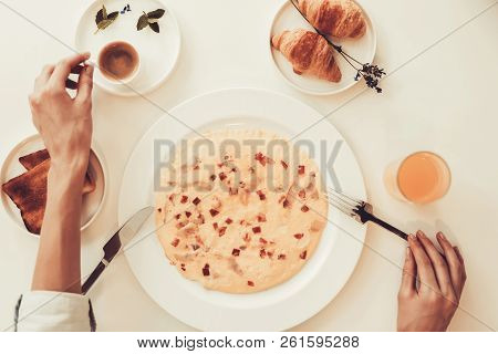 Hands With Knife And Fork. Breakfast Concept. Morning Nutricion. Kitchenware On Table. Knife And For