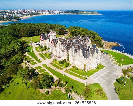 Magdalena Palace Or Palacio De La Magdalena Aerial Panoramic View. It Is A Palace Located On The Mag