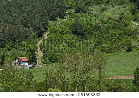 Springtime Green Forest, Glade, Valley And House In The Lozen Mountain, Near To Pasarel Village, Bul