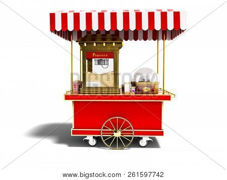 Modern Sale Of Popcorn From A Red Cart 3d Render On A White Background With Shadow