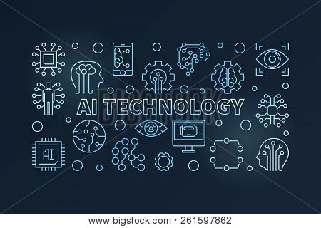 Ai Technology Blue Horizontal Illustration. Artificial Intelligence Vector Bright Banner In Thin Lin