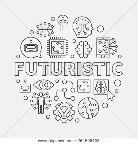 Futuristic Round Vector Concept Illustration In Thin Line Style. Future Technology And Innovation Co