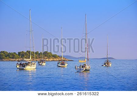 Anchored Sailing Boats In The Bay On Island Murter, Croatia