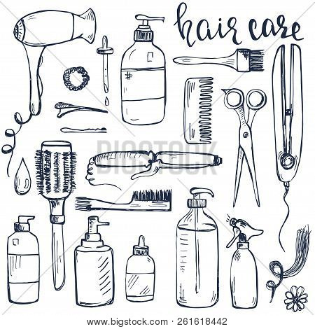 Set Of Hand Drawn Hair Styling And Care Products