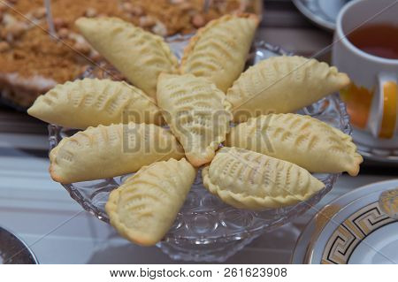 Traditional Azerbaijani Sweet Shekerbura Shakarbura Sybmol Of Novruz Holiday . Novruz Tray With Trad