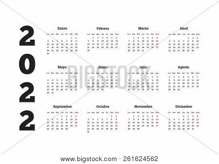 2022 Year Simple Calendar In Spanish, Isolated On White