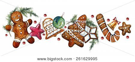 Gingerbread Cookie Figures With Christmass Tree Decorations And Fir Branches. Hand Drawn Watercolor 