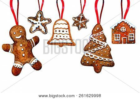 Set Of Gingerbread Cookie Figures Hanging On Red Ribbons. Man, Christmas Tree, Bell, Stars, House. H