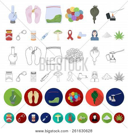 Drug Addiction And Attributes Cartoon Icons In Set Collection For Design. Addict And Drug Vector Sym