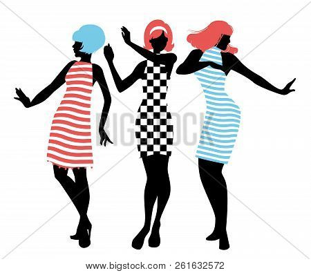Elegant Silhouettes Of Three Girls Wearing Clothes Of The Sixties Dancing 60S Style Isolated On Whit