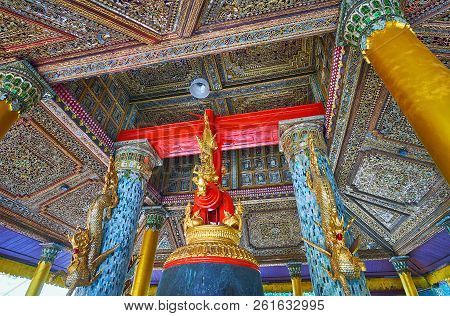 Yangon, Myanmar - February 27, 2018: The Intricate Mirrorwork On Ceiling Of Tharrawaddy Min Bell (ma