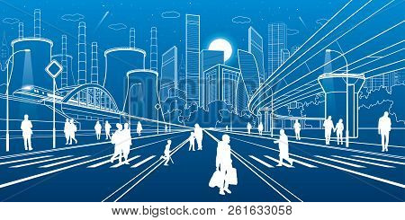 Urban Infrastructure Illustration. People Walking At Street. Train Move On Bridge. Illuminated Highw