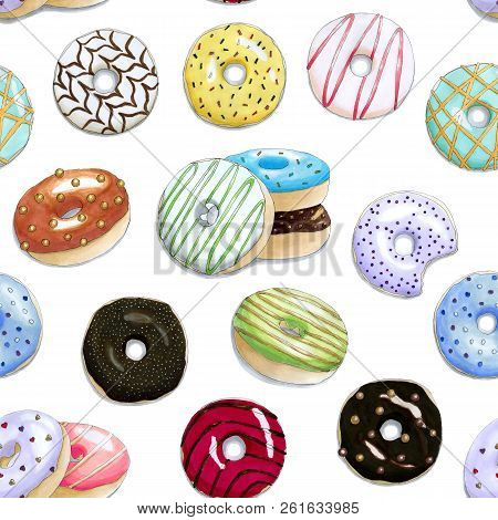 Seamless Pattern With The Hand Painted Colorful Donuts. Isolated Objects On A White Background. It C