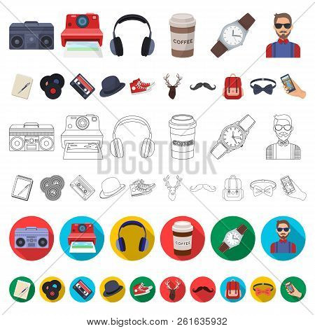 Style Hipster Cartoon Icons In Set Collection For Design. Hipster Attributes And Accessories Vector 
