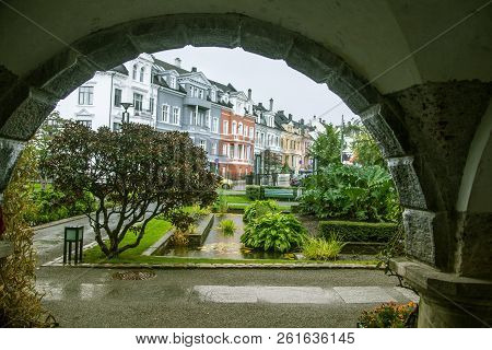 A Beautiful Scenery On The Streets Of Bergen, Norway. Overcast Day.