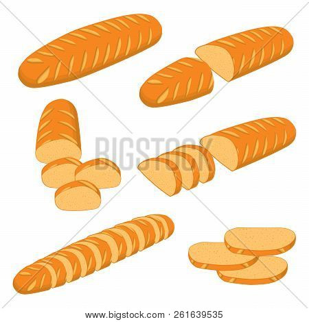 Vector Illustration Of Set Of Baked Bread, Dark Rye Brick, Soft Baguette For Bakery. Bread Consistin