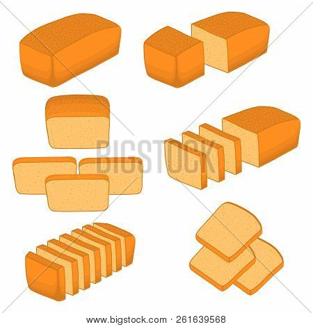 Vector Illustration Of Set Of Baked Bread, Dark Rye Brick, Soft Baguette For Bakery. Bread Consistin