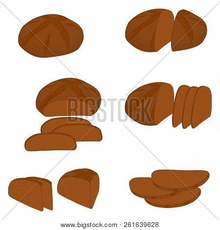 Vector Illustration Of Set Of Baked Bread, Dark Rye Brick, Soft Baguette For Bakery. Bread Consistin