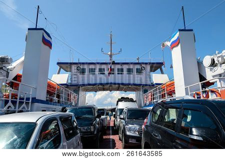 Ferry Crossing Cars To Olkhon Island Through Olkhon Gates Strait. Lake Baikal