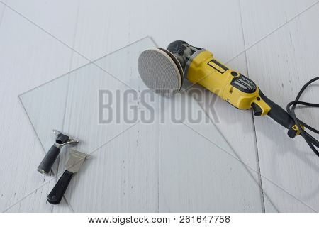 Grinder And Tools Kit, Polishing Glass And Windows, Image For Workshop And Manufactury