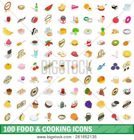 100 Food And Cooking Icons Set In Isometric 3d Style For Any Design Illustration