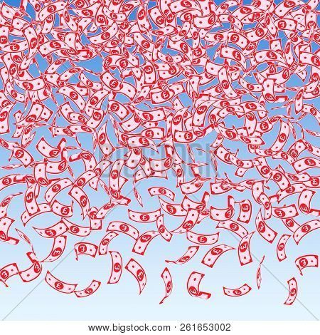 British Pound Notes Falling. Small Gbp Bills On Blue Sky Background. United Kingdom Money. Awesome V