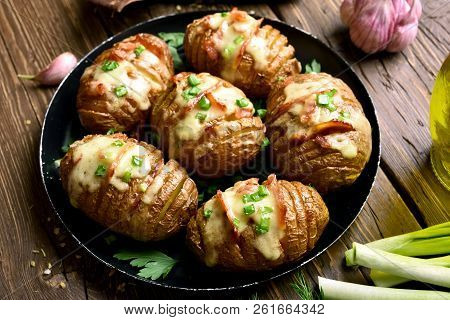 Baked Stuffed Potatoes With Bacon, Green Onion And Cheese. Close Up View