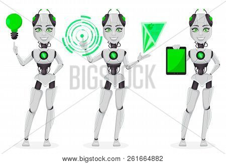 Robot With Artificial Intelligence, Female Bot, Set Of Three Poses. Cartoon Character Having A Good 