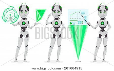 Robot With Artificial Intelligence, Female Bot, Set Of Three Poses. Cute Cartoon Character Having A 