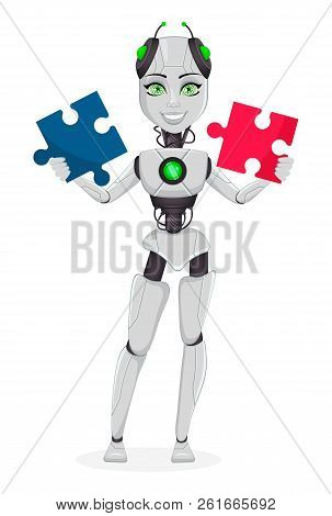 Robot With Artificial Intelligence, Female Bot. Cute Cartoon Character Holding Two Pieces Of Puzzle.