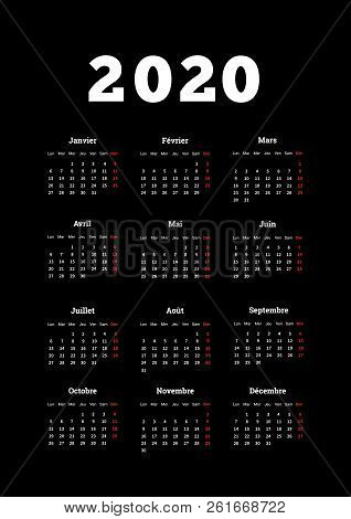 2020 Year Simple Calendar On French Language, A4 Size Vertical Sheet On Dark Background