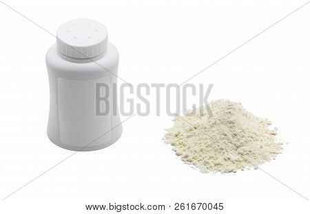 Talcum Powder, Next To Is The White Container, Isolated On A White Background With A Clipping Path.